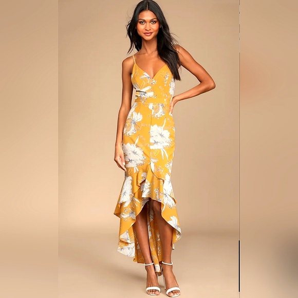 Lulus Darling Daylily Maxi Dress Womens M Mustard Floral High-Low Ruffled NWT - Picture 1 of 13